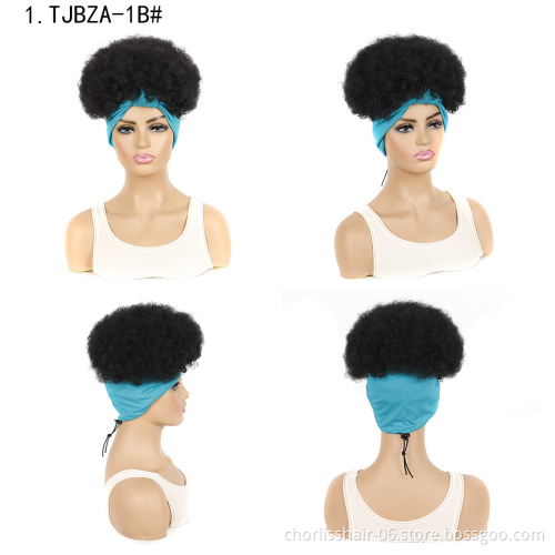 Wholesale Ombre Cheap Turban Afro Wig Afro Wig Short Heat Resistant Fluffy Synthetic Wig With Headband Attached For Women